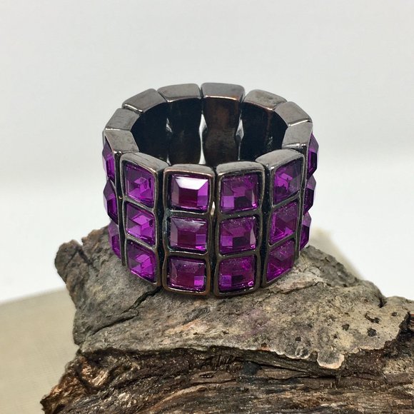Expandable Purple Faceted Acrylic Tiny Square Pewter Tone Bar Wide Stretch Ring - Picture 1 of 16